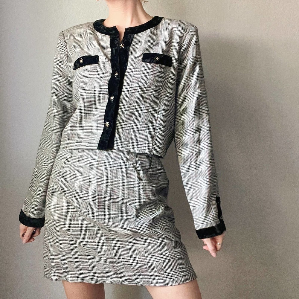 Vintage 1990s Black Plaid Velvet TrimJacket Mini Skirt Set